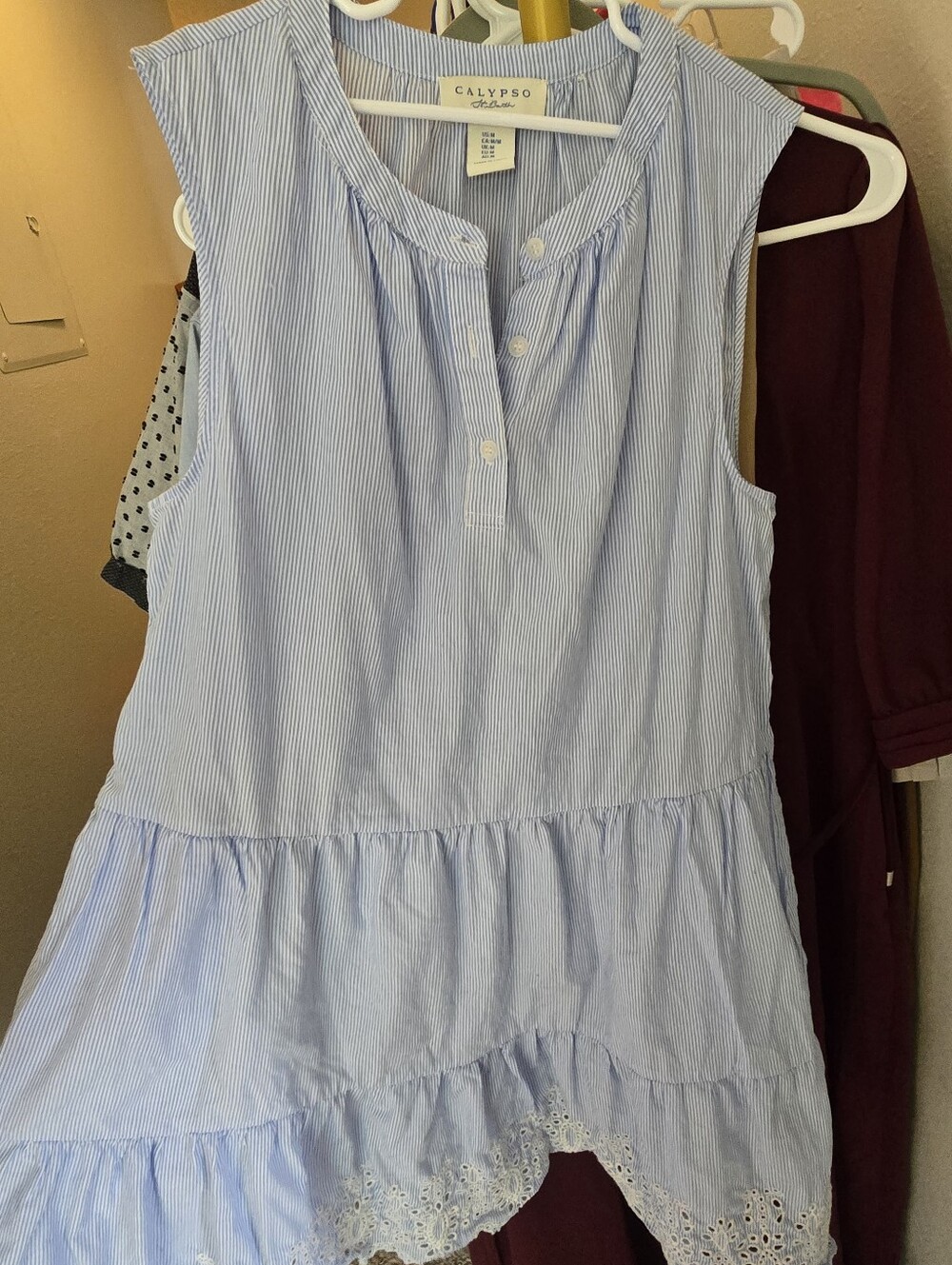 Calypso St. Barth Blue White Striped Sleeveless Tiered Dress Size M Eyelet Hem
